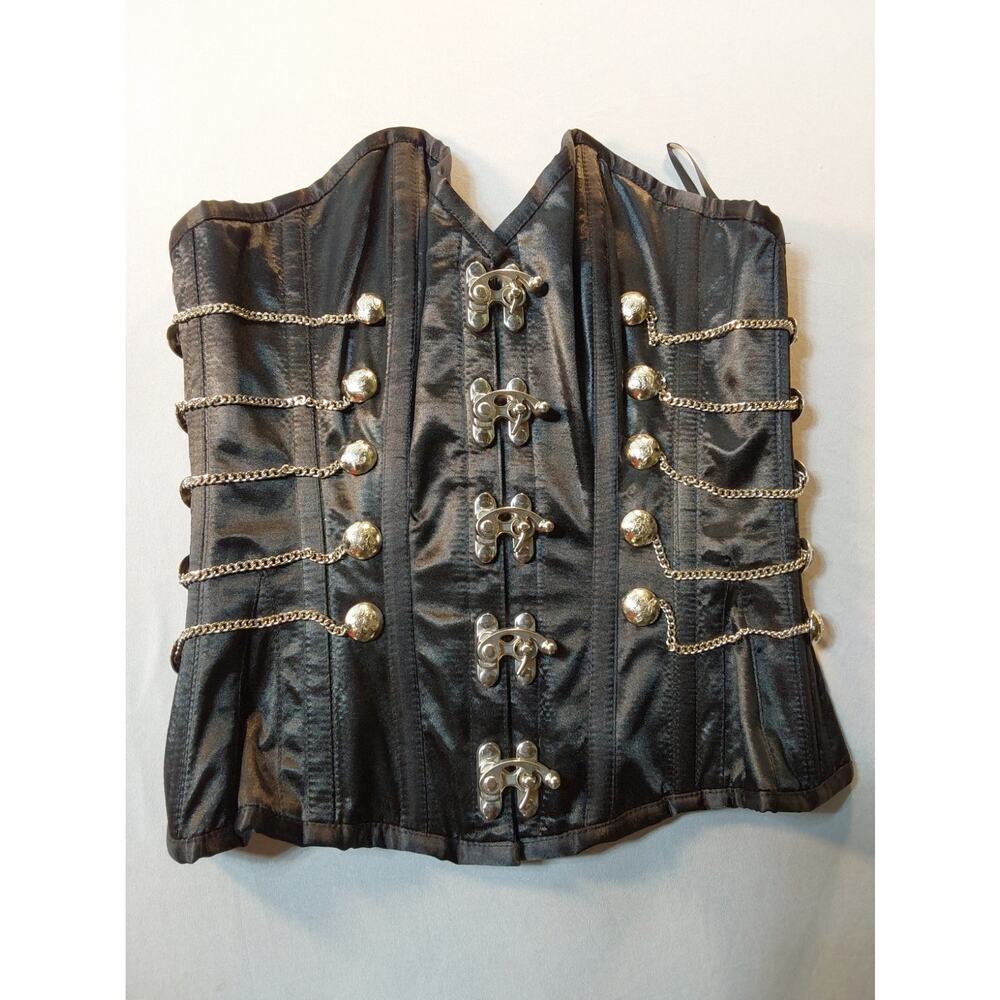 Size 26 Black Satin With Metal Accents Overbust Corset Boned & Laced Up#G80